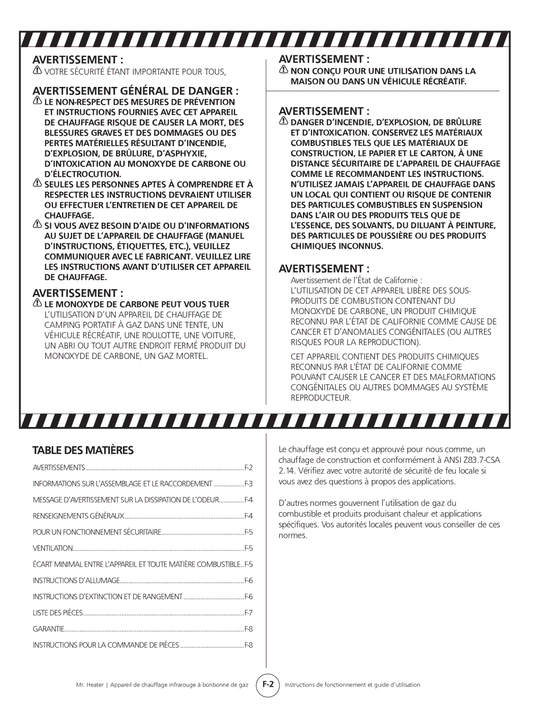 Mr. Heater MH15tS operating instructions Avertissement , Avertissement Général DE DANGER , Table DES Matières 